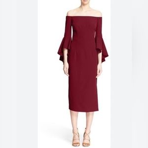 Milly Italian  Bell Sleeve Bordeaux off Shoulder Selene Stretch Sheath Dress